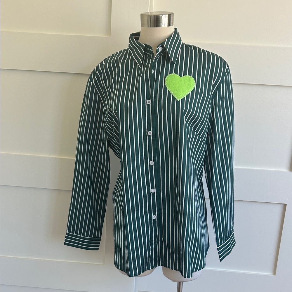 ROMI BASHA- oversized striped button down with heart appliqué